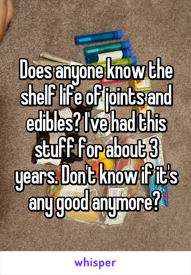 Does anyone know the shelf life of joints and edibles? I've had this stuff for about 3 years. Don't know if it's any good anymore? 