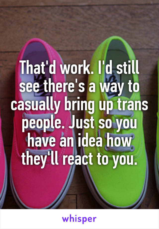 That'd work. I'd still see there's a way to casually bring up trans people. Just so you have an idea how they'll react to you.