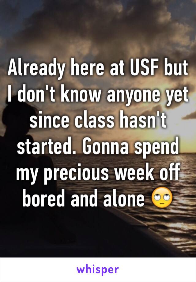 Already here at USF but I don't know anyone yet since class hasn't started. Gonna spend my precious week off bored and alone 🙄