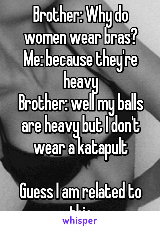 Brother: Why do women wear bras?
Me: because they're heavy
Brother: well my balls are heavy but I don't wear a katapult

Guess I am related to this