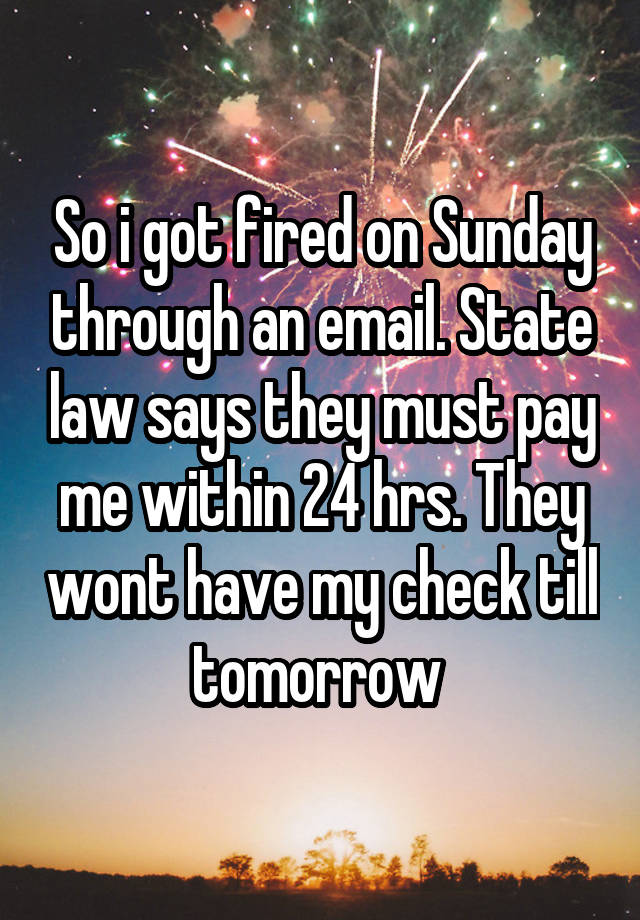 So i got fired on Sunday through an email. State law says they must pay me within 24 hrs. They wont have my check till tomorrow 