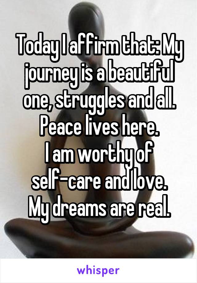 Today I affirm that: My journey is a beautiful one, struggles and all.
Peace lives here.
I am worthy of self-care and love.
My dreams are real.
