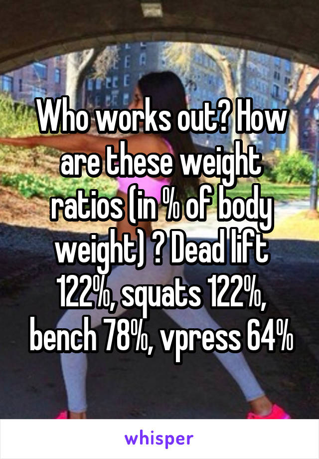 Who works out? How are these weight ratios (in % of body weight) ? Dead lift 122%, squats 122%, bench 78%, vpress 64%