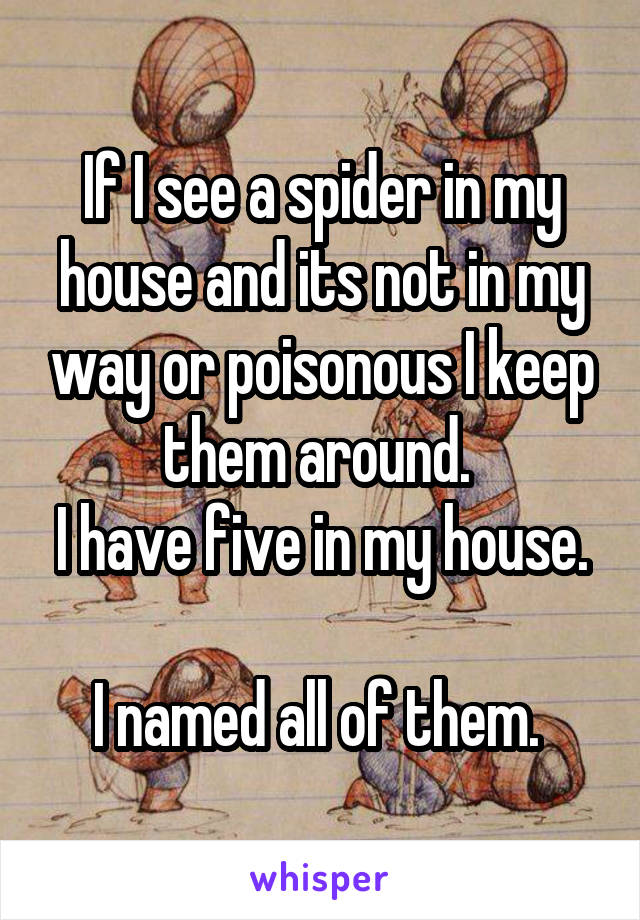 If I see a spider in my house and its not in my way or poisonous I keep them around. 
I have five in my house.

I named all of them. 