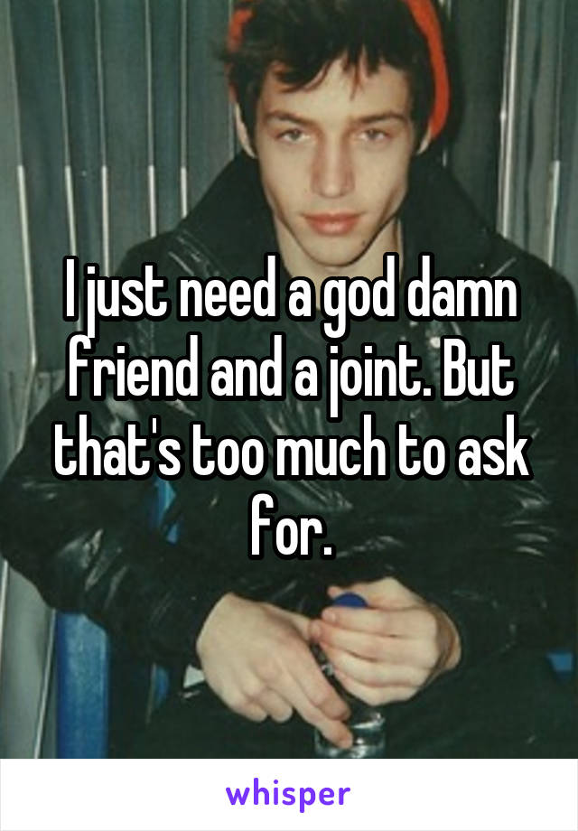 I just need a god damn friend and a joint. But that's too much to ask for.