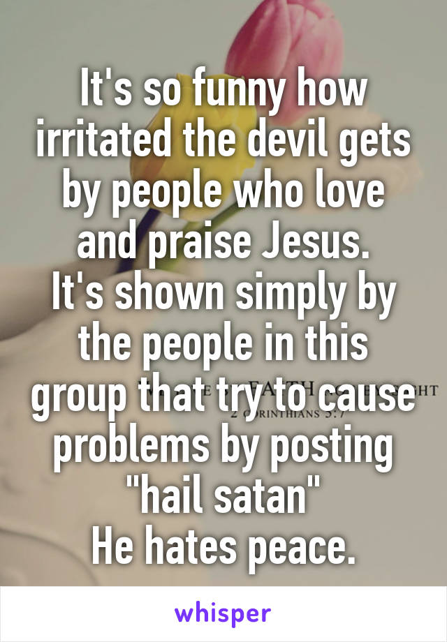 It's so funny how irritated the devil gets by people who love and praise Jesus.
It's shown simply by the people in this group that try to cause problems by posting "hail satan"
He hates peace.