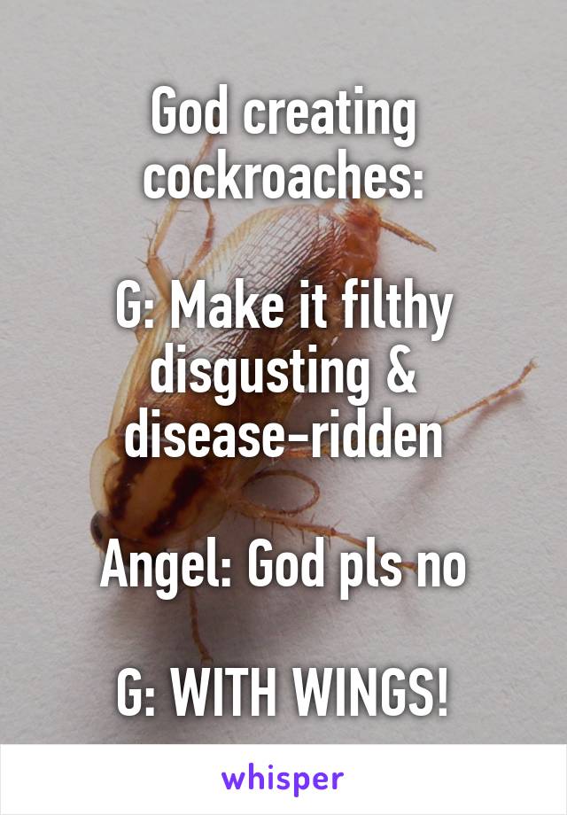 God creating cockroaches:

G: Make it filthy disgusting & disease-ridden

Angel: God pls no

G: WITH WINGS!