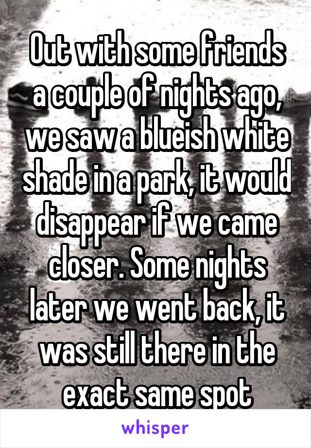 Out with some friends a couple of nights ago, we saw a blueish white shade in a park, it would disappear if we came closer. Some nights later we went back, it was still there in the exact same spot