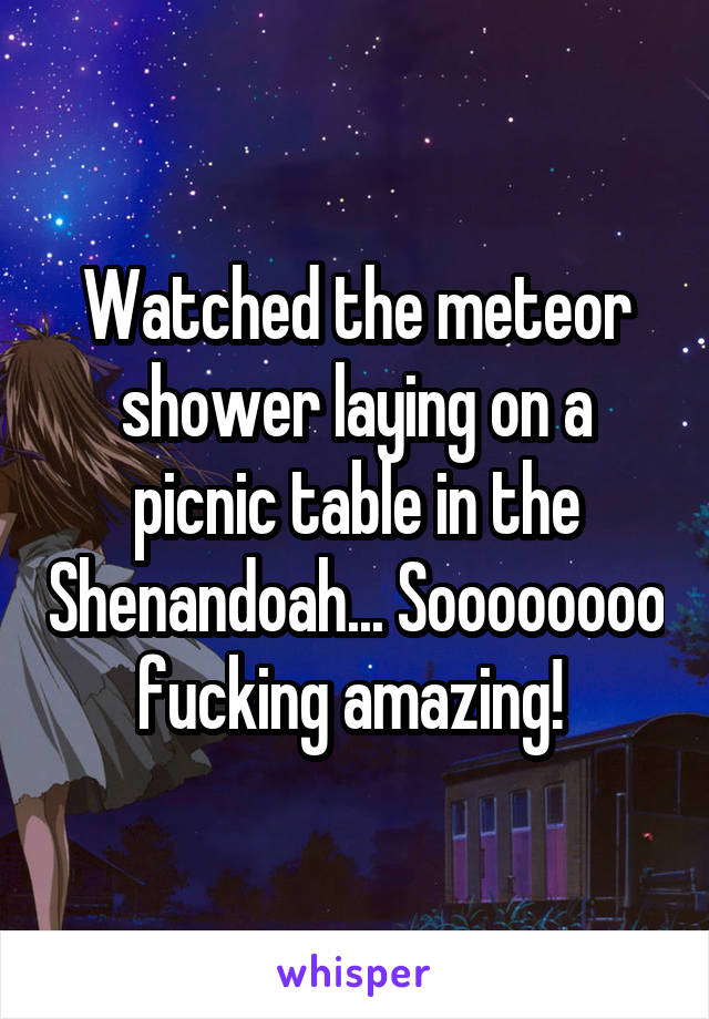 Watched the meteor shower laying on a picnic table in the Shenandoah... Soooooooo fucking amazing! 