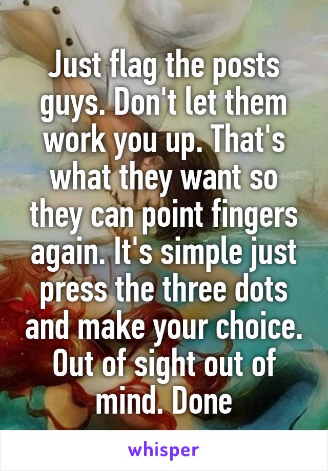 Just flag the posts guys. Don't let them work you up. That's what they want so they can point fingers again. It's simple just press the three dots and make your choice. Out of sight out of mind. Done