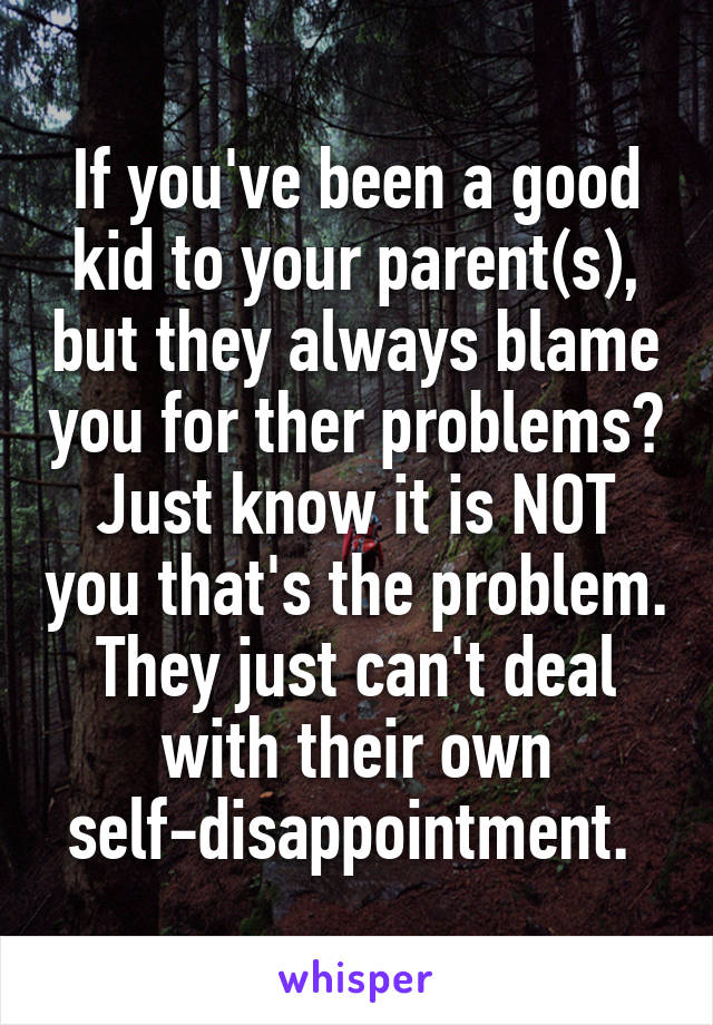 If you've been a good kid to your parent(s), but they always blame you for ther problems? Just know it is NOT you that's the problem. They just can't deal with their own self-disappointment. 