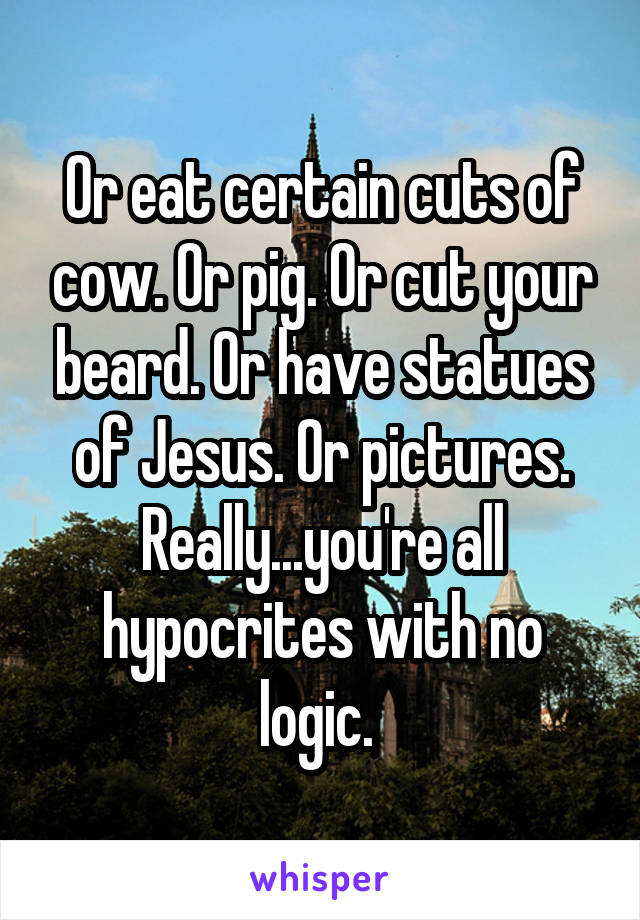 Or eat certain cuts of cow. Or pig. Or cut your beard. Or have statues of Jesus. Or pictures. Really...you're all hypocrites with no logic. 