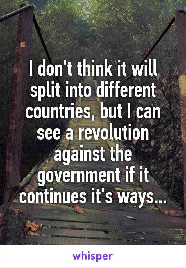 I don't think it will split into different countries, but I can see a revolution against the government if it continues it's ways...