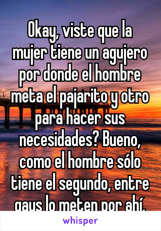 Okay, viste que la mujer tiene un agujero por donde el hombre meta el pajarito y otro para hacer sus necesidades? Bueno, como el hombre sólo tiene el segundo, entre gays lo meten por ahí.