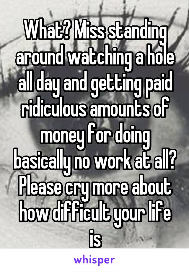 What? Miss standing around watching a hole all day and getting paid ridiculous amounts of money for doing basically no work at all? Please cry more about how difficult your life is