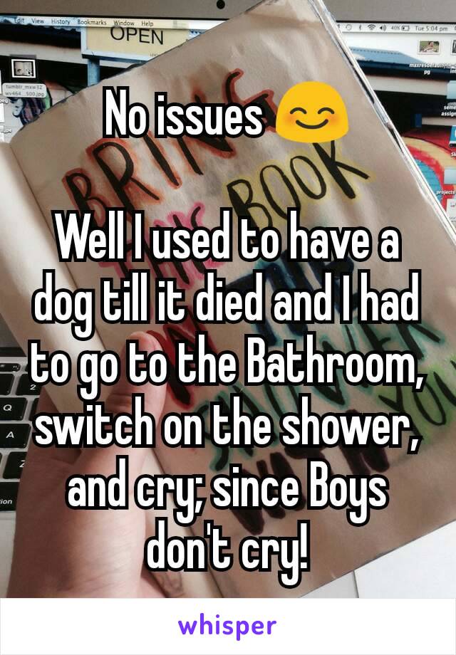 No issues 😊

Well I used to have a dog till it died and I had to go to the Bathroom, switch on the shower, and cry; since Boys don't cry!