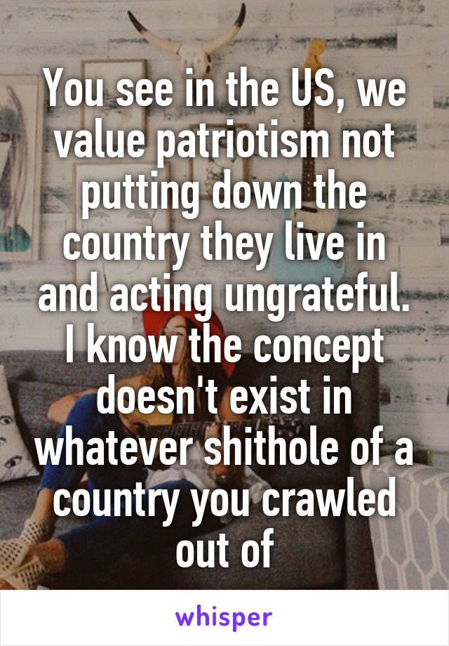 You see in the US, we value patriotism not putting down the country they live in and acting ungrateful. I know the concept doesn't exist in whatever shithole of a country you crawled out of