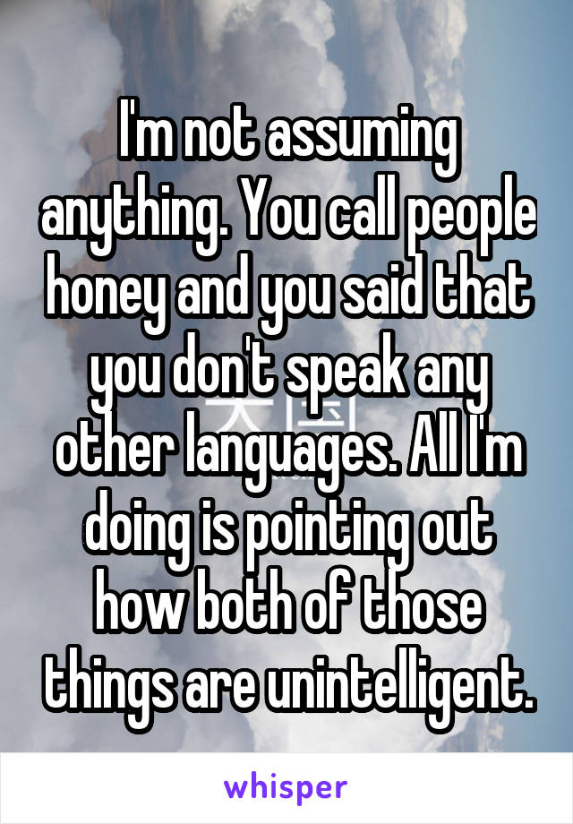 I'm not assuming anything. You call people honey and you said that you don't speak any other languages. All I'm doing is pointing out how both of those things are unintelligent.