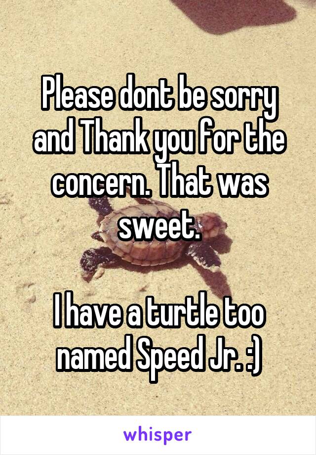 Please dont be sorry and Thank you for the concern. That was sweet.

I have a turtle too named Speed Jr. :)