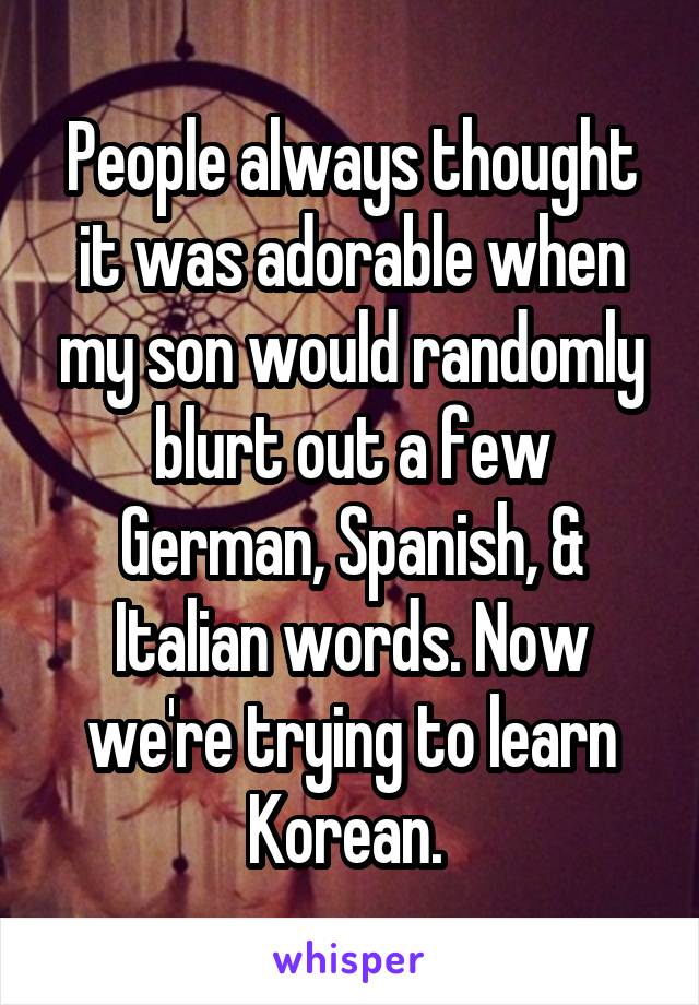 People always thought it was adorable when my son would randomly blurt out a few German, Spanish, & Italian words. Now we're trying to learn Korean. 