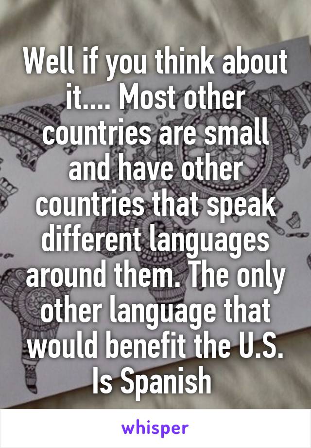 Well if you think about it.... Most other countries are small and have other countries that speak different languages around them. The only other language that would benefit the U.S. Is Spanish 