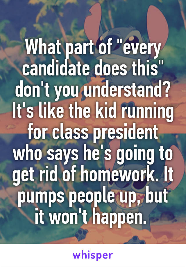 What part of "every candidate does this" don't you understand? It's like the kid running for class president who says he's going to get rid of homework. It pumps people up, but it won't happen. 