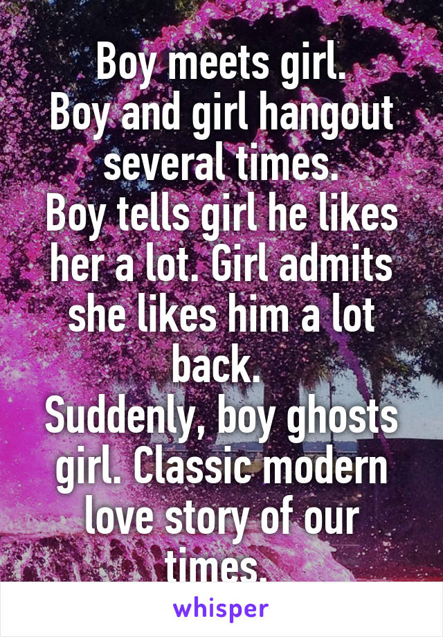 Boy meets girl.
Boy and girl hangout several times.
Boy tells girl he likes her a lot. Girl admits she likes him a lot back. 
Suddenly, boy ghosts girl. Classic modern love story of our times. 