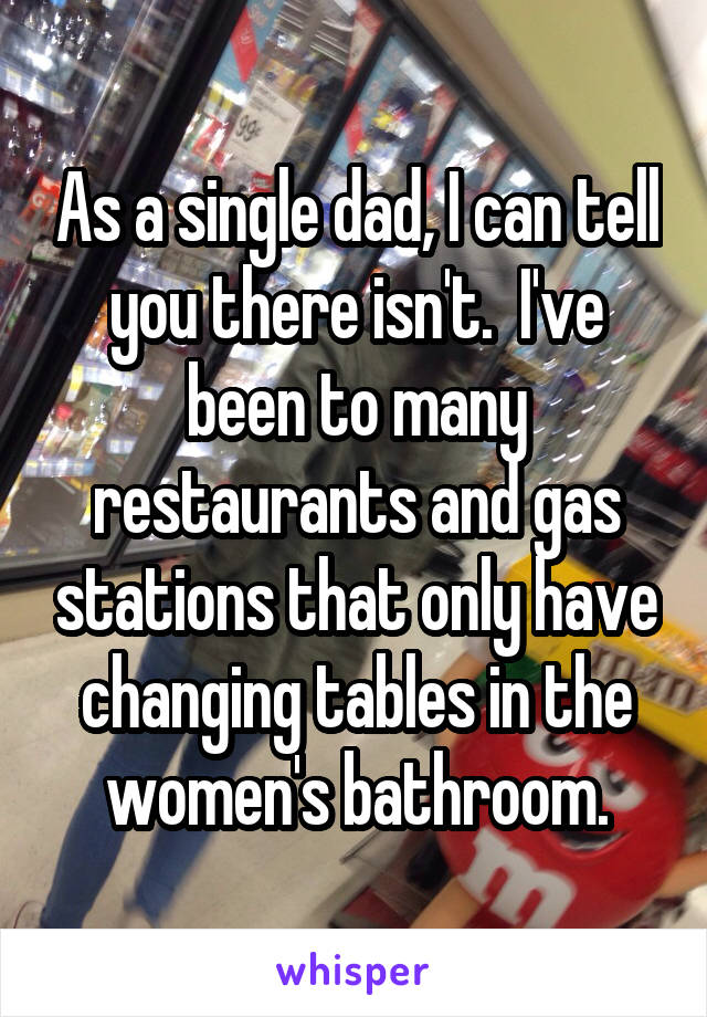 As a single dad, I can tell you there isn't.  I've been to many restaurants and gas stations that only have changing tables in the women's bathroom.