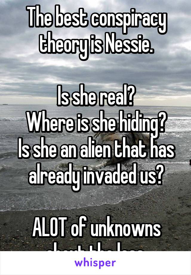 The best conspiracy theory is Nessie.

Is she real?
Where is she hiding?
Is she an alien that has already invaded us?

ALOT of unknowns about the lass.