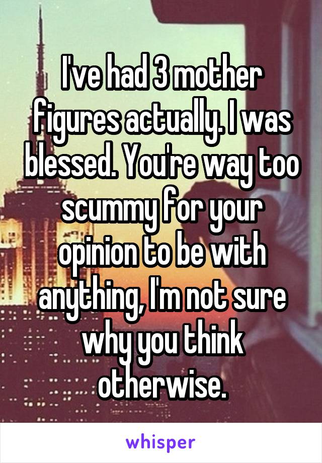 I've had 3 mother figures actually. I was blessed. You're way too scummy for your opinion to be with anything, I'm not sure why you think otherwise.