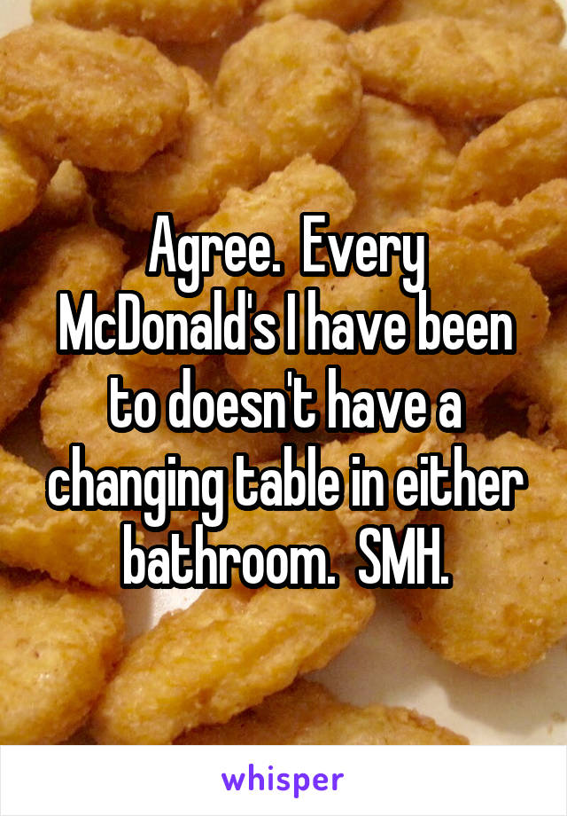 Agree.  Every McDonald's I have been to doesn't have a changing table in either bathroom.  SMH.