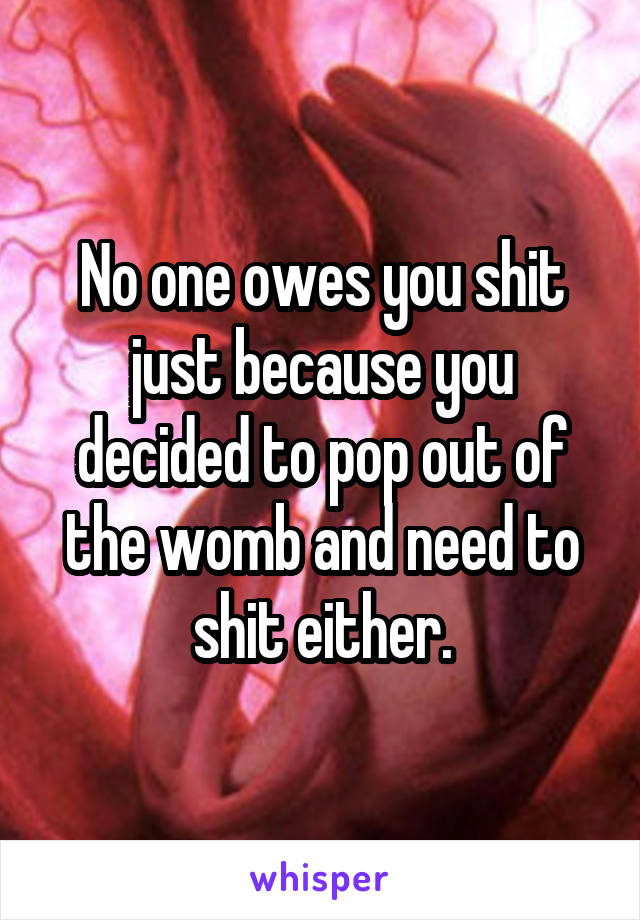 No one owes you shit just because you decided to pop out of the womb and need to shit either.