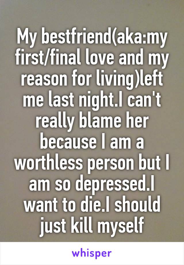 My bestfriend(aka:my first/final love and my reason for living)left me last night.I can't really blame her because I am a worthless person but I am so depressed.I want to die.I should just kill myself