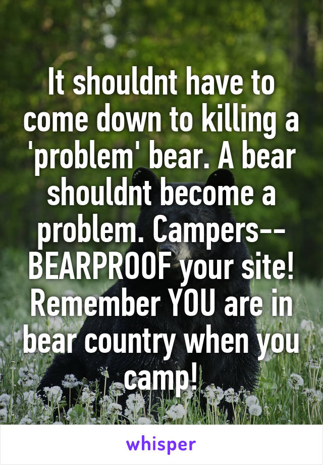 It shouldnt have to come down to killing a 'problem' bear. A bear shouldnt become a problem. Campers-- BEARPROOF your site! Remember YOU are in bear country when you camp!