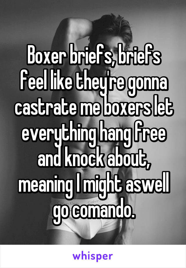 Boxer briefs, briefs feel like they're gonna castrate me boxers let everything hang free and knock about, meaning I might aswell go comando.