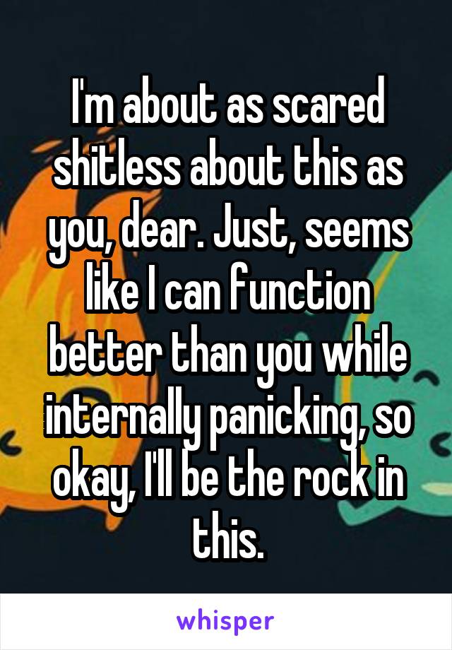 I'm about as scared shitless about this as you, dear. Just, seems like I can function better than you while internally panicking, so okay, I'll be the rock in this.