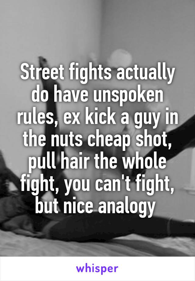 Street fights actually do have unspoken rules, ex kick a guy in the nuts cheap shot, pull hair the whole fight, you can't fight, but nice analogy 