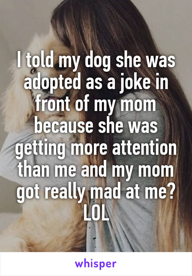 I told my dog she was adopted as a joke in front of my mom because she was getting more attention than me and my mom got really mad at me? LOL