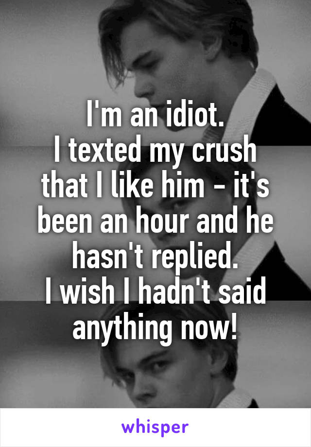 I'm an idiot.
I texted my crush that I like him - it's been an hour and he hasn't replied.
I wish I hadn't said anything now!