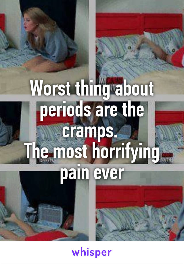 Worst thing about periods are the cramps. 
The most horrifying pain ever