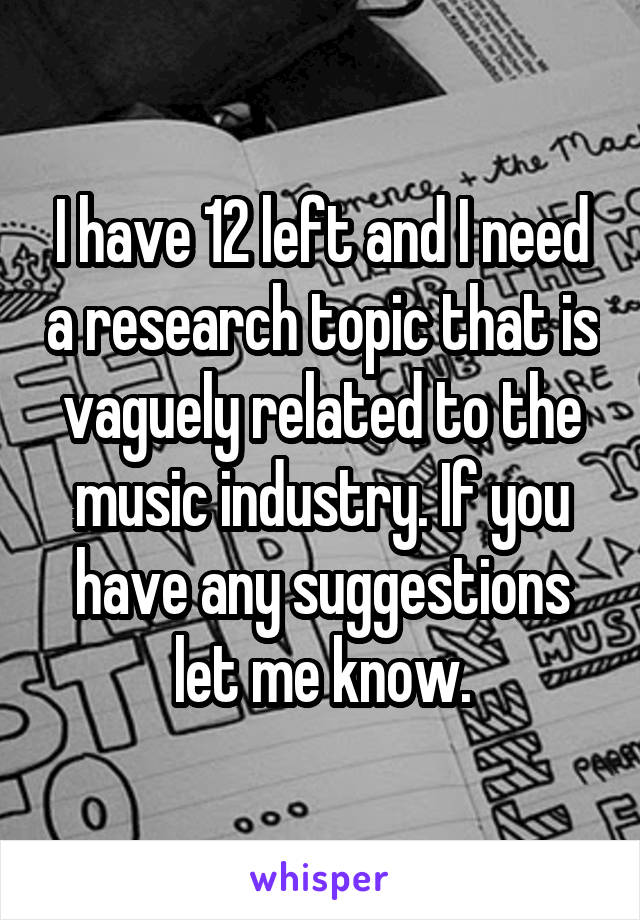 I have 12 left and I need a research topic that is vaguely related to the music industry. If you have any suggestions let me know.