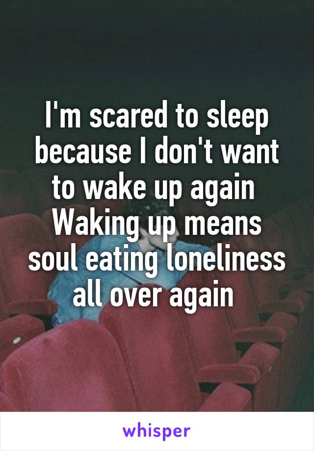 I'm scared to sleep because I don't want to wake up again 
Waking up means soul eating loneliness all over again 
