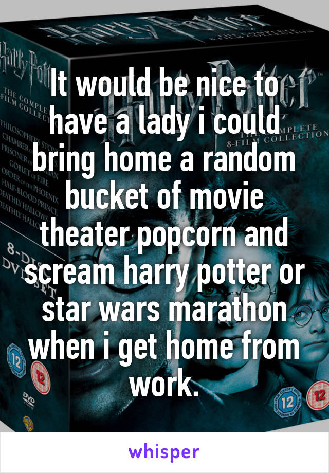 It would be nice to have a lady i could bring home a random bucket of movie theater popcorn and scream harry potter or star wars marathon when i get home from work.