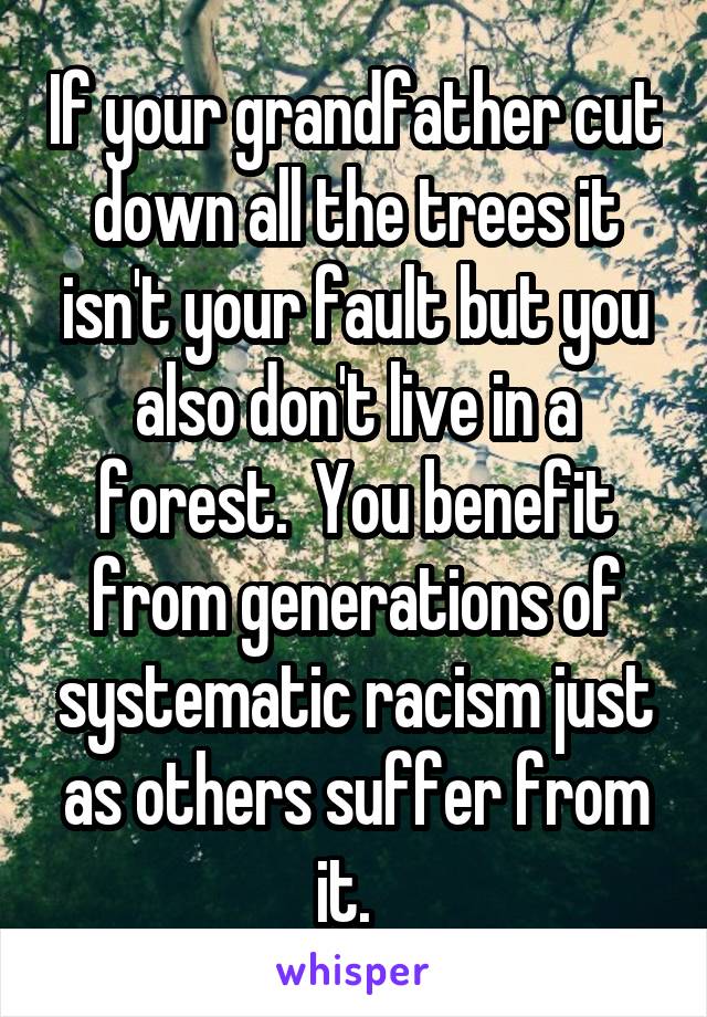 If your grandfather cut down all the trees it isn't your fault but you also don't live in a forest.  You benefit from generations of systematic racism just as others suffer from it.  