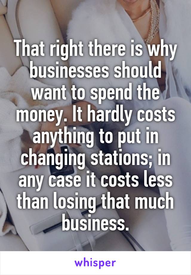 That right there is why businesses should want to spend the money. It hardly costs anything to put in changing stations; in any case it costs less than losing that much business.