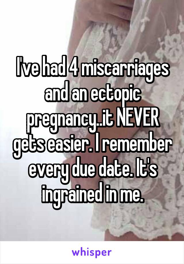 I've had 4 miscarriages and an ectopic pregnancy..it NEVER gets easier. I remember every due date. It's ingrained in me.