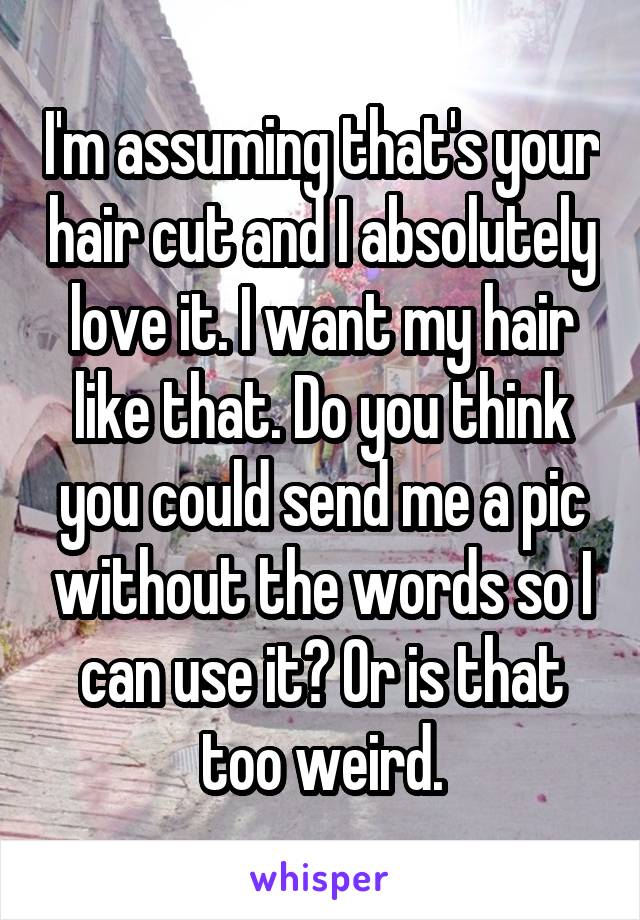 I'm assuming that's your hair cut and I absolutely love it. I want my hair like that. Do you think you could send me a pic without the words so I can use it? Or is that too weird.