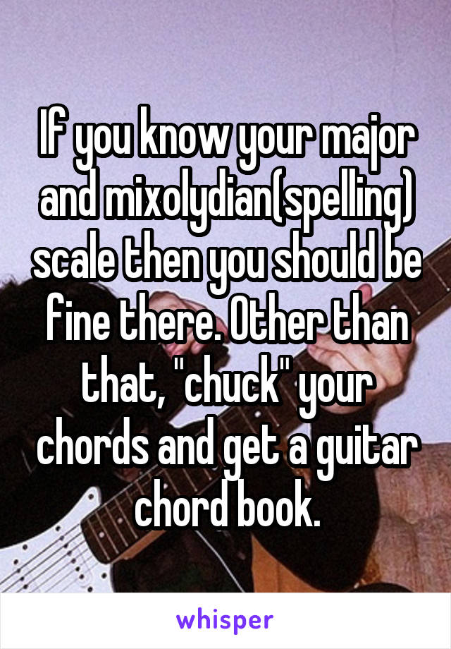 If you know your major and mixolydian(spelling) scale then you should be fine there. Other than that, "chuck" your chords and get a guitar chord book.