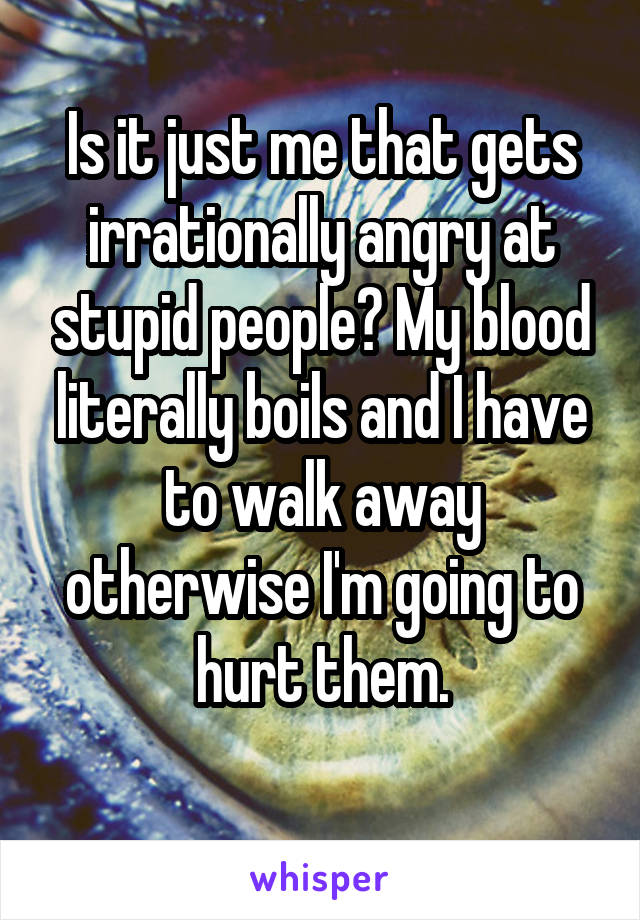 Is it just me that gets irrationally angry at stupid people? My blood literally boils and I have to walk away otherwise I'm going to hurt them.
