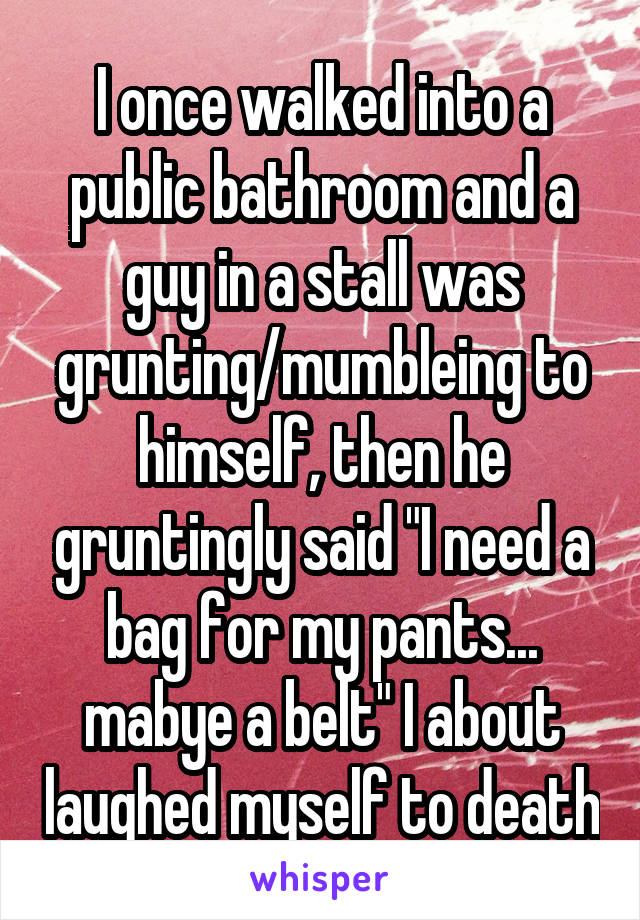 I once walked into a public bathroom and a guy in a stall was grunting/mumbleing to himself, then he gruntingly said "I need a bag for my pants... mabye a belt" I about laughed myself to death